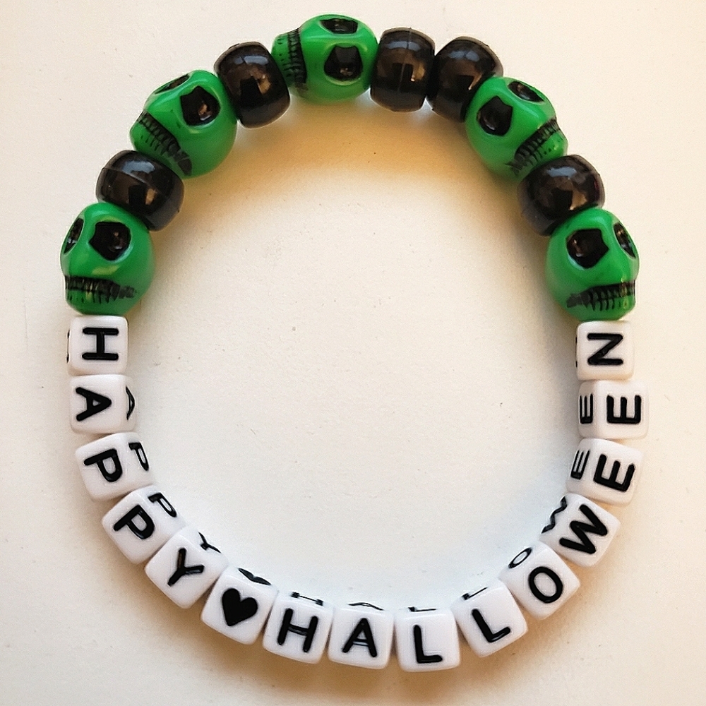 Handmade Black Green Skull Happy Halloween kandi bracelet
